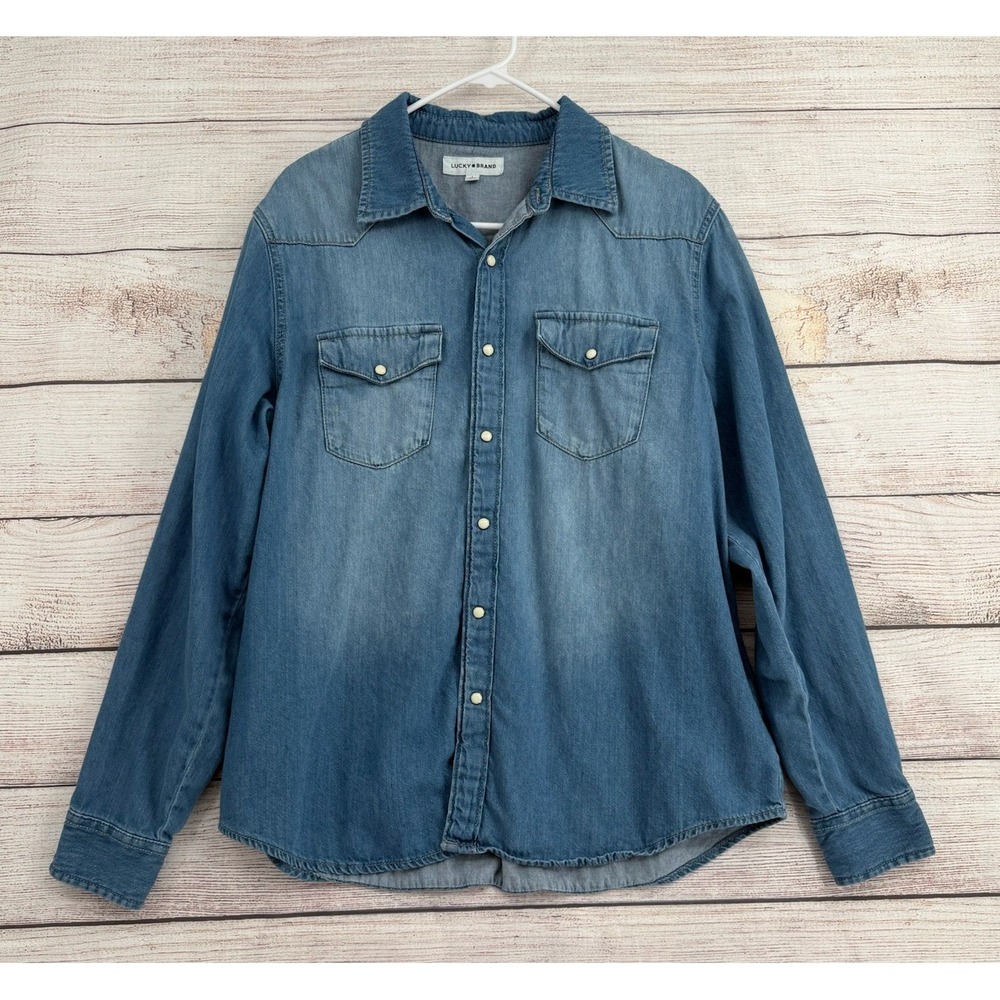 Lucky Brand Western Shirt Mens L Blue Denim Pearl Snap Long Sleeve